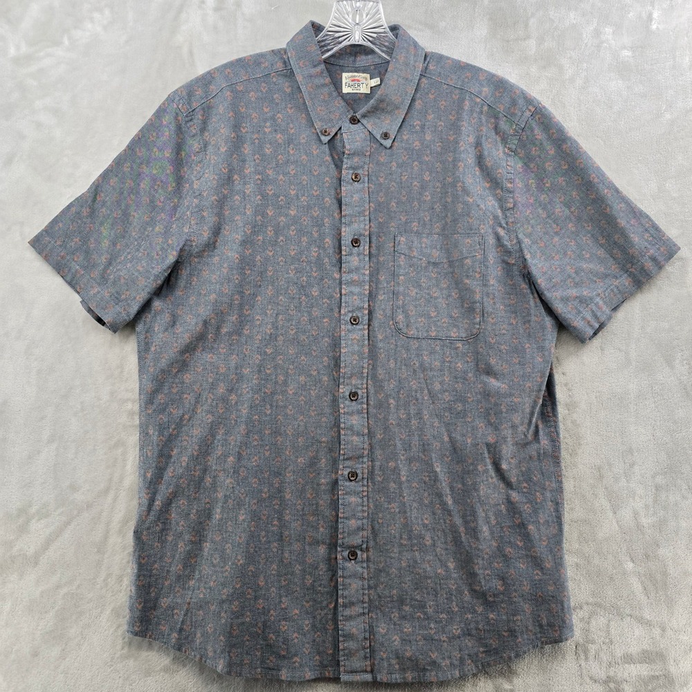 Faherty Button Down Mens Large Blue Indigo Geometric Short Sleeve Shirt - Picture 2 of 9